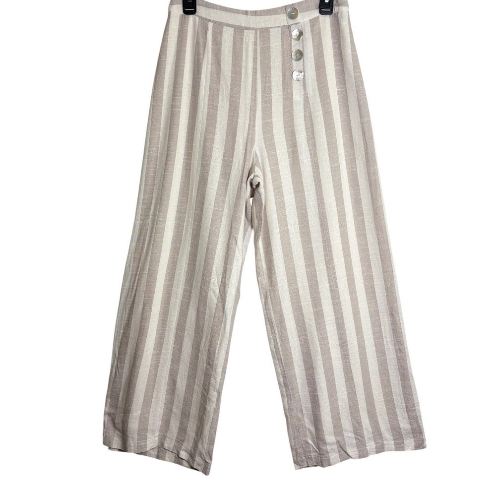 Blue Rain Wide Leg Pants Womens Medium Beige Striped Linen Blend Sailor Button